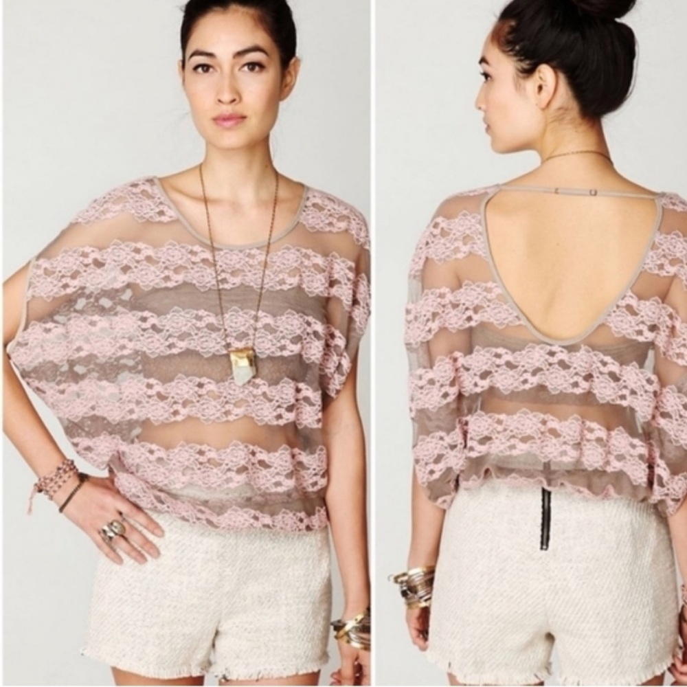 Free people, rose, pink, sheer, mesh, dolman sleeve, BoHo blouse